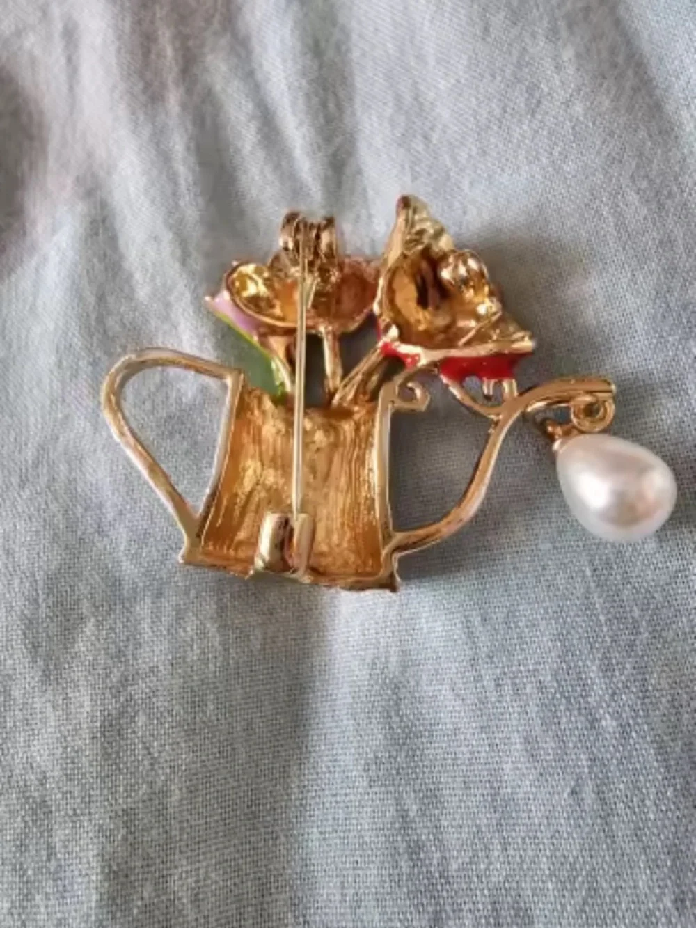 Floral Watering Can Gold Tulip Pearl Cute Chic Brooch